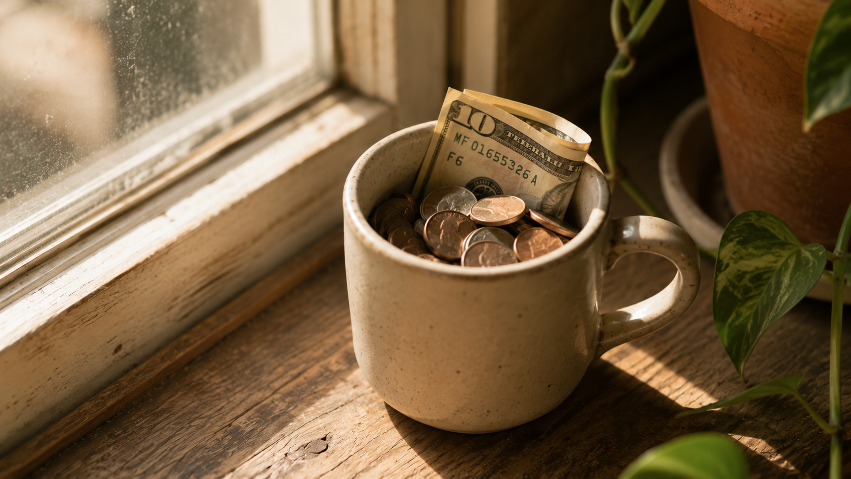 A ceramic mug on a rustic wooden windowsill holds accumulated coins and a folded $10 bill, lit by warm morning sunlight, with a small pothos plant curling in from the right side.