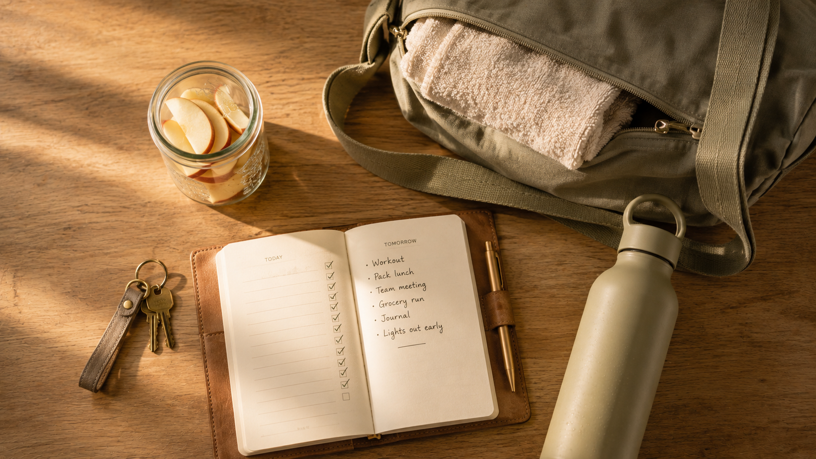An overhead flat lay of an evening kitchen counter showing quiet preparation for tomorrow: a small glass jar of pre-cut apple slices, a folded gym bag with a fresh towel, a leather planner opened to a checked-off day, a set of house keys, and a water bottle. Warm evening light.