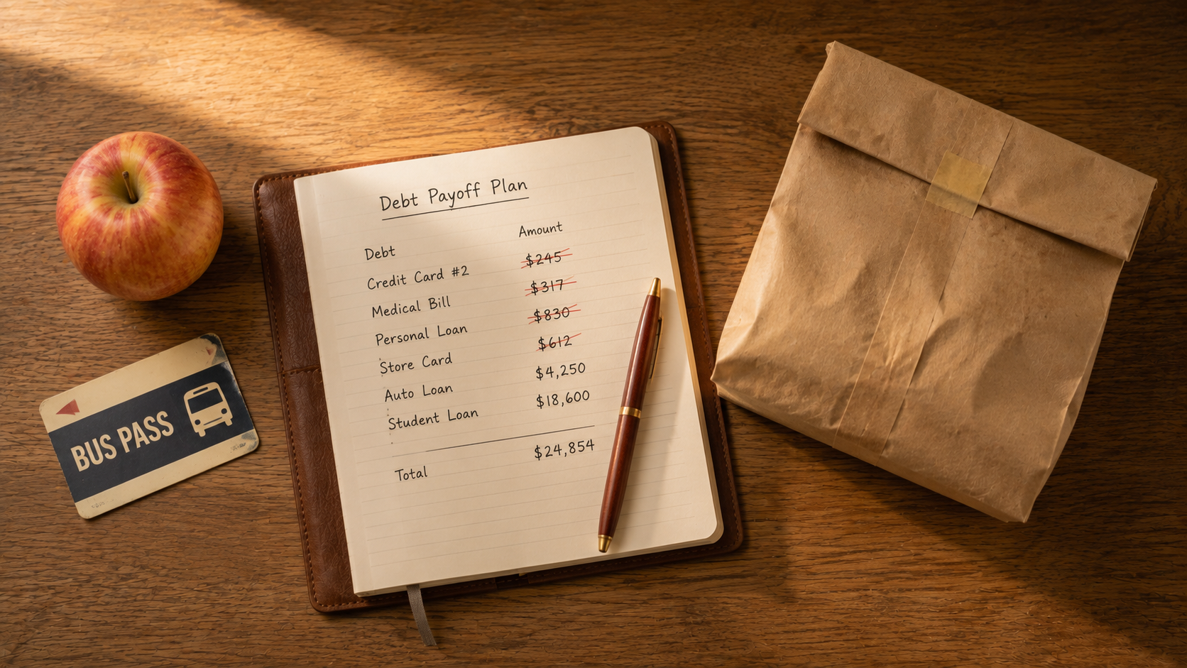 An overhead flat lay on a warm wooden desk showing a handwritten debt payoff plan in a leather notebook, with smaller amounts crossed off in red pen. Beside it: a brown paper lunch bag, an apple, a bus pass, and a pen resting across the notebook. Soft warm morning light.