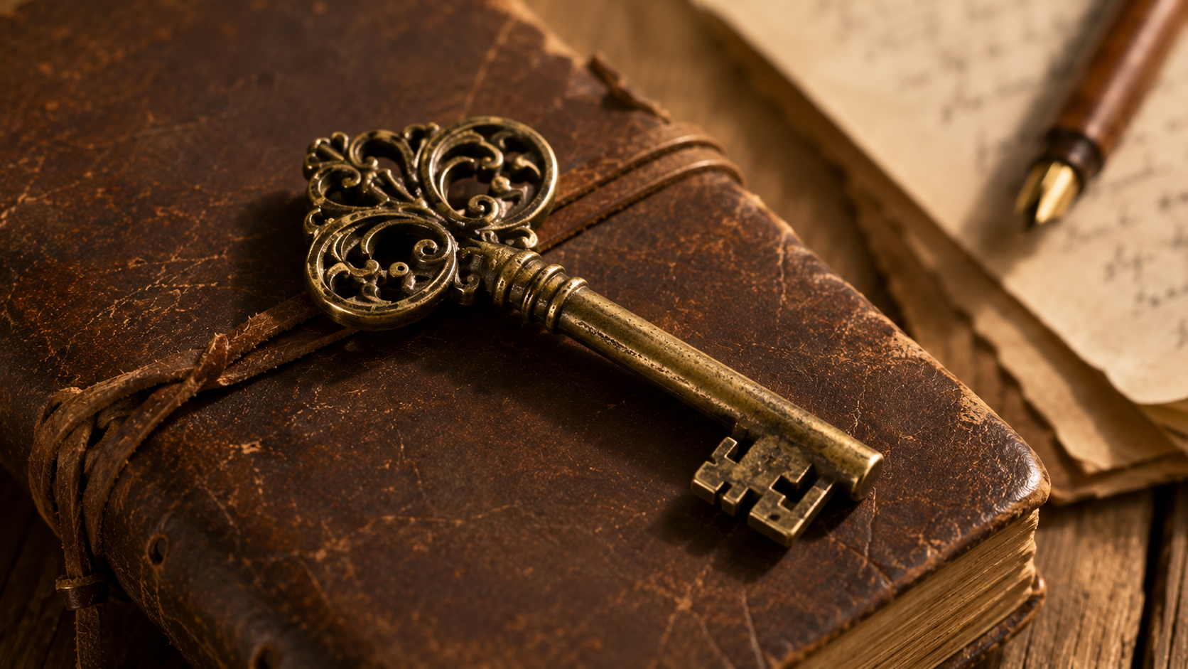 An antique brass skeleton key resting on a weathered leather-bound journal. Warm directional light catches the brass patina. Cream, warm oak, honey, and aged brass tones.