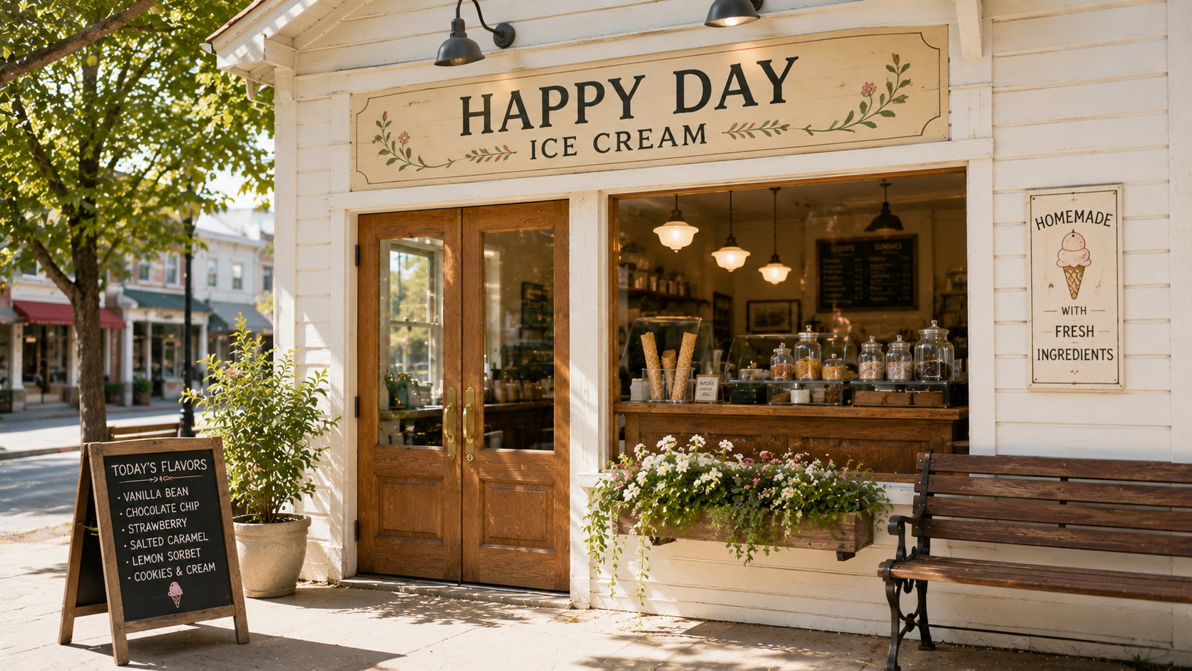 A small neighborhood ice cream shop storefront at dusk. Hand-painted signage above wooden double doors. A small chalkboard sidewalk sign with today's flavors. Warm interior lights glowing softly through the front window. Cream, honey, warm oak tones.