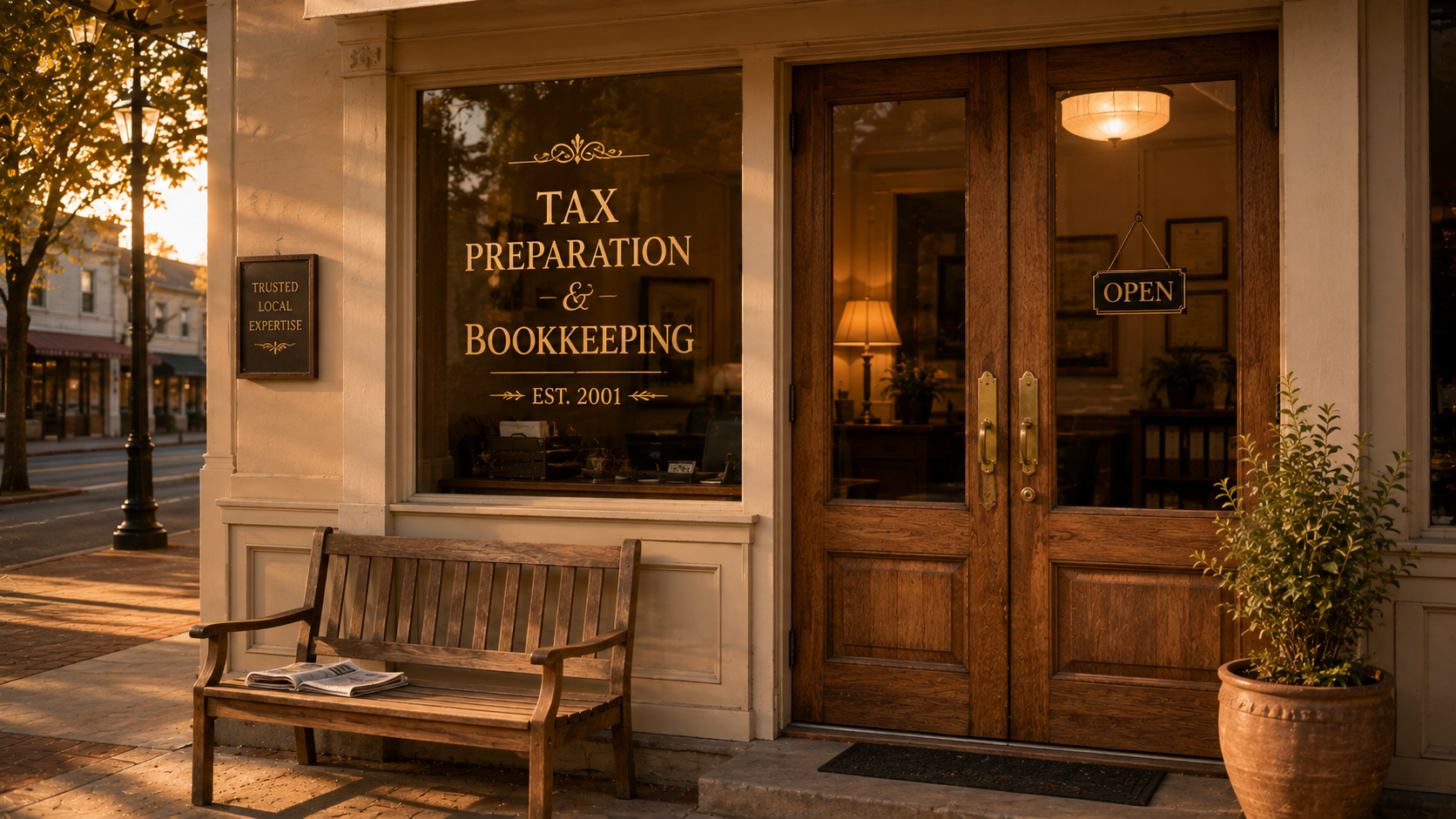 A small neighborhood tax preparation and bookkeeping office storefront at dawn, with hand-painted gold-leaf signage and warm interior light glowing softly through the front window. A small wooden bench outside with a folded newspaper. Cream, honey, warm oak, and brass tones.