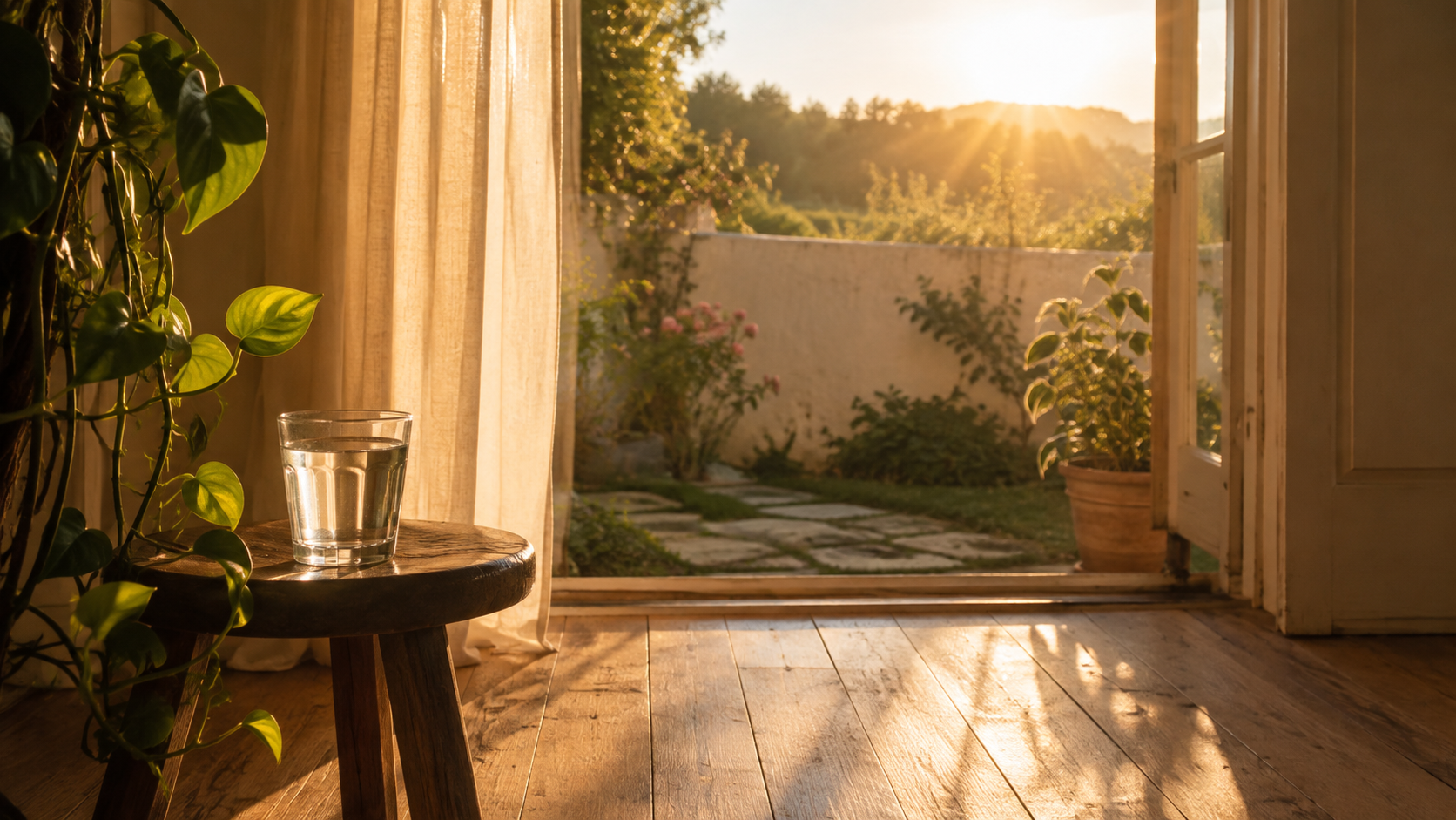A quiet home doorway or window opening to a small garden at sunrise, with warm golden morning light streaming across a wooden floor and a glass of water resting on a small table nearby, a pothos plant curling into the frame.