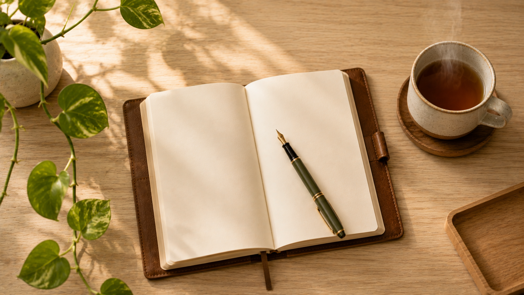 An overhead flat lay on a warm wooden desk. A leather journal opened to a blank page with a fountain pen resting across it, a small ceramic mug of tea with steam rising, and a small pothos plant curling in from the edge. Soft warm morning light.