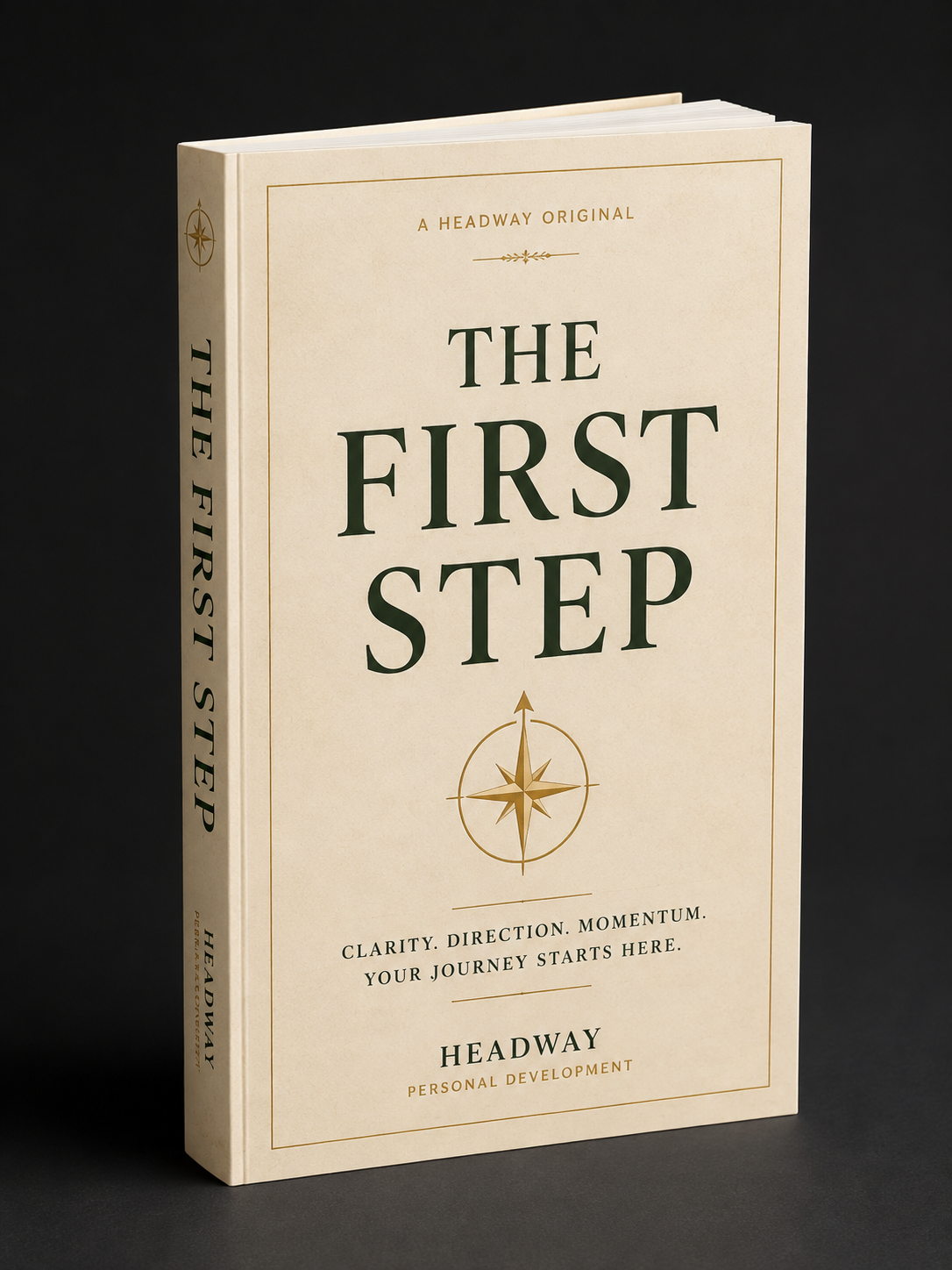 The First Step — a Headway Original e-book. 3D mockup showing the cover at a three-quarter angle. Warm cream cover with gold accent and deep green title.