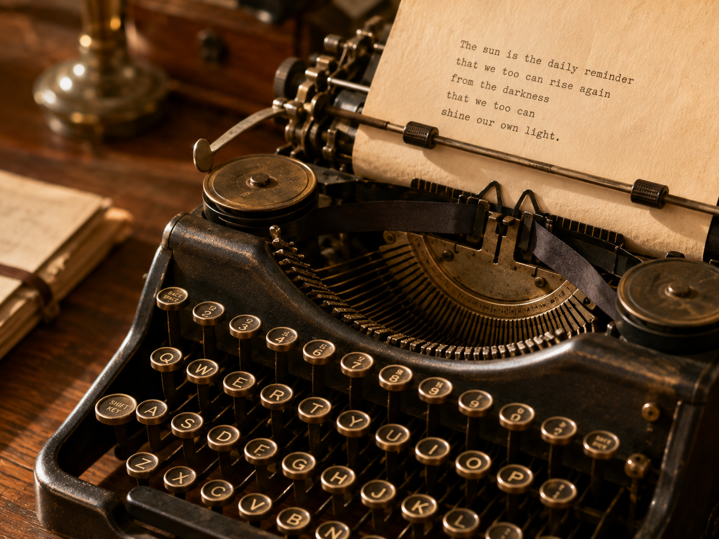A close-up of a vintage manual typewriter with a partially typed page in the roller, warm afternoon light catching the metal keys and brass details.