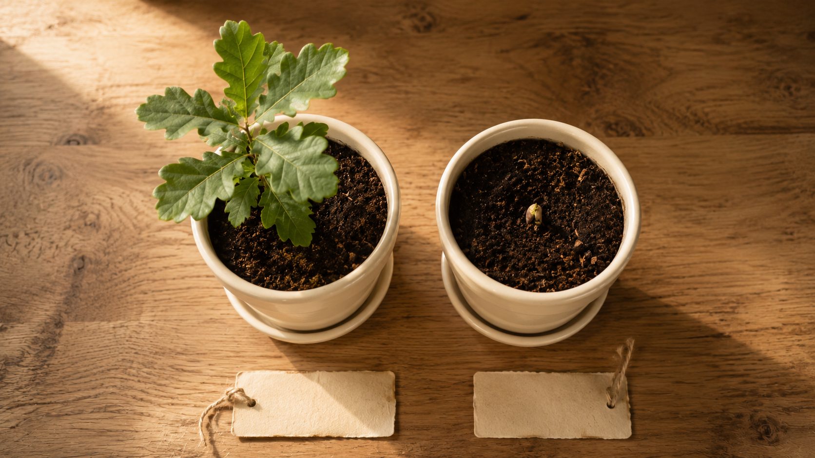 Two matching cream ceramic pots side by side on a warm wooden table. The left pot holds a robust young oak seedling with multiple leaves. The right pot holds a tiny newly-sprouted shoot just breaking through the soil.