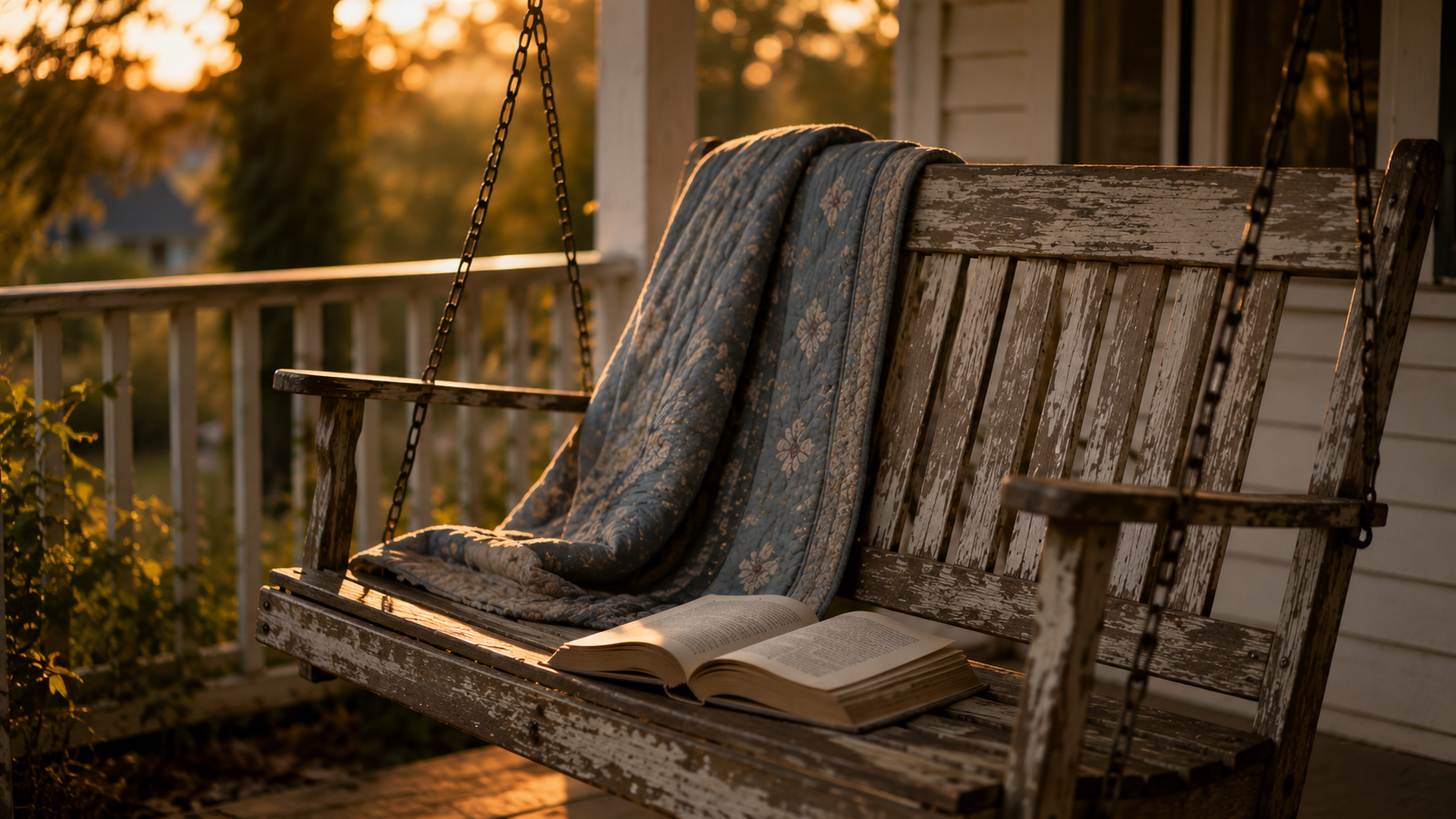 A worn wooden porch swing at dusk, with a folded muted-blue quilt draped over the back and an open book resting on the seat. Soft golden evening light. Cream, warm oak, faded blue, and honey tones.